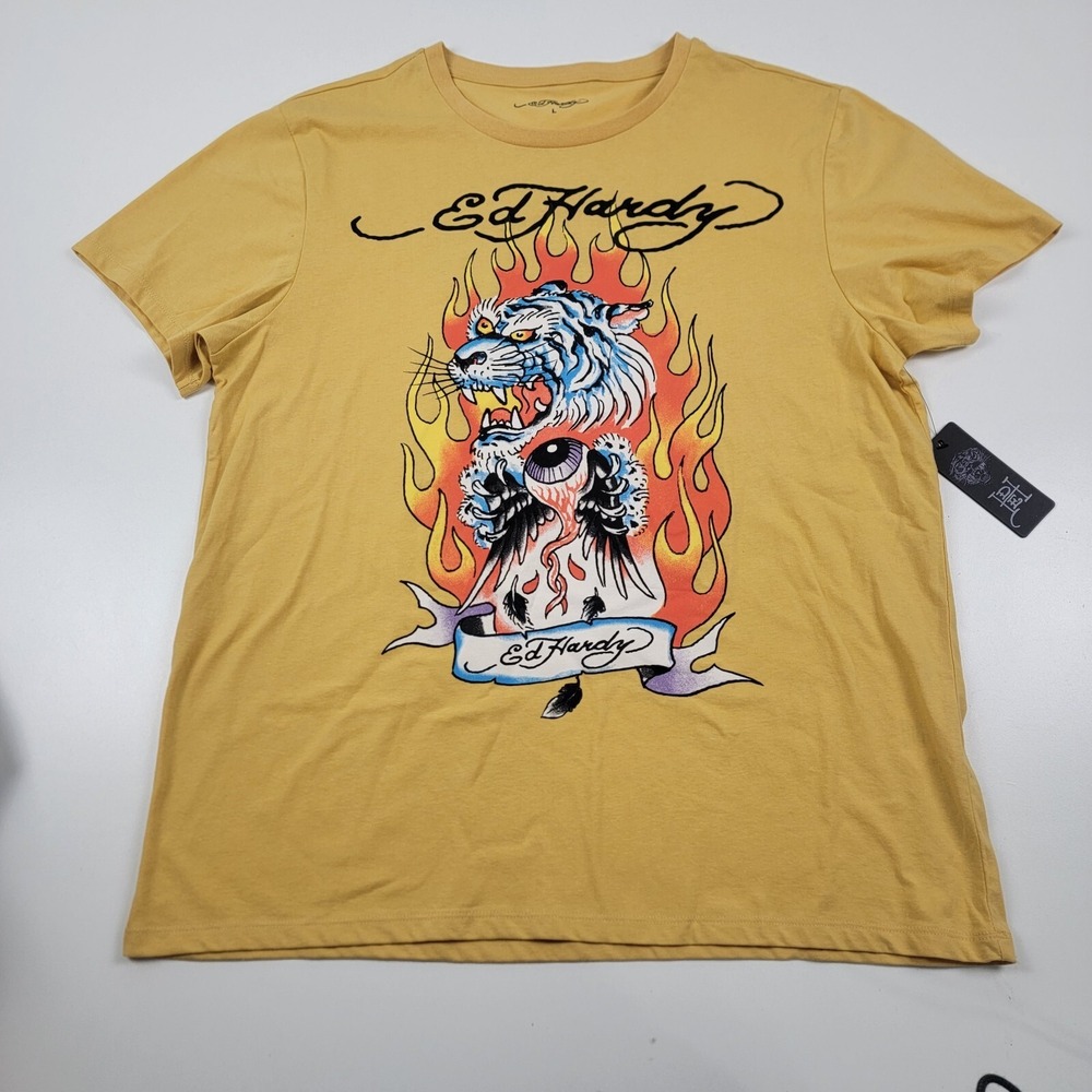 Vintage Y2K Ed Hardy Retro Style Tiger Head T-Shirt Don Ed Hardy NWT Yellow